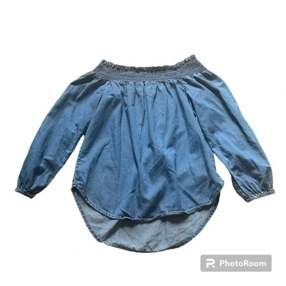 Michael Kors Blue Off Shoulder Smocked Peasant Blouse High Low Hem XS